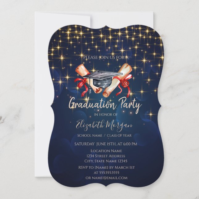 Watercolor Grad Cap Diploma Stars Invitation (Front)