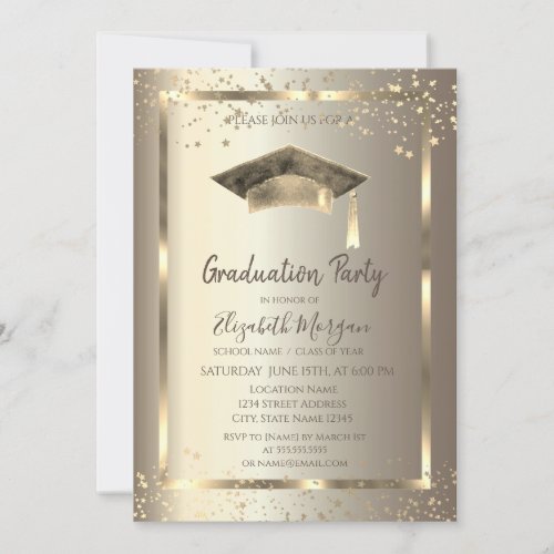 Watercolor Grad Cap Gold Stars Champagne Invitation