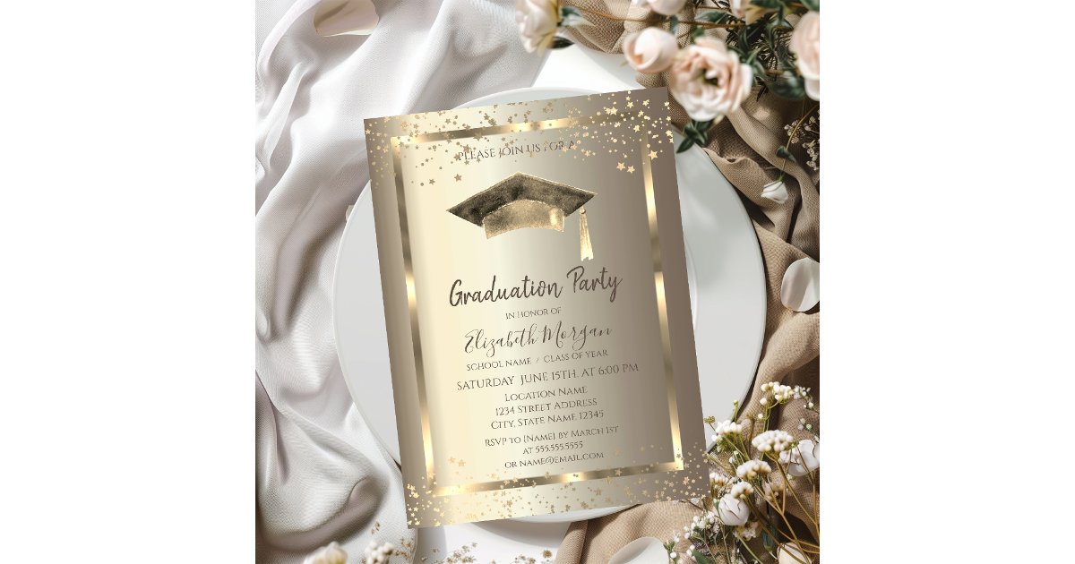 Watercolor Grad Cap Gold Stars Champagne Invitation | Zazzle