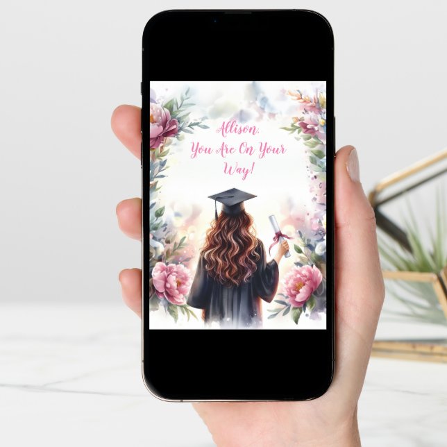 Watercolor Graduate Girl With Peonies  Card (Front Digital)