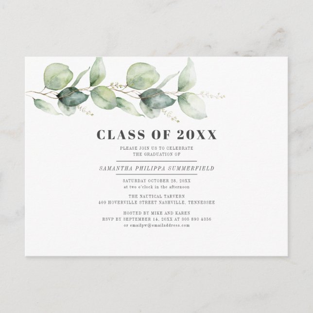 Watercolor Graduation 2025 Eucalyptus Party Invitation Postcard (Front)