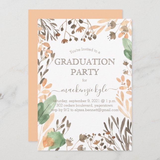 Watercolor Graduation Boho Greenery Invitation (Front/Back)