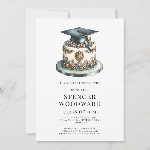 Watercolor Graduation Cap  Cake Graduation Party Invitation