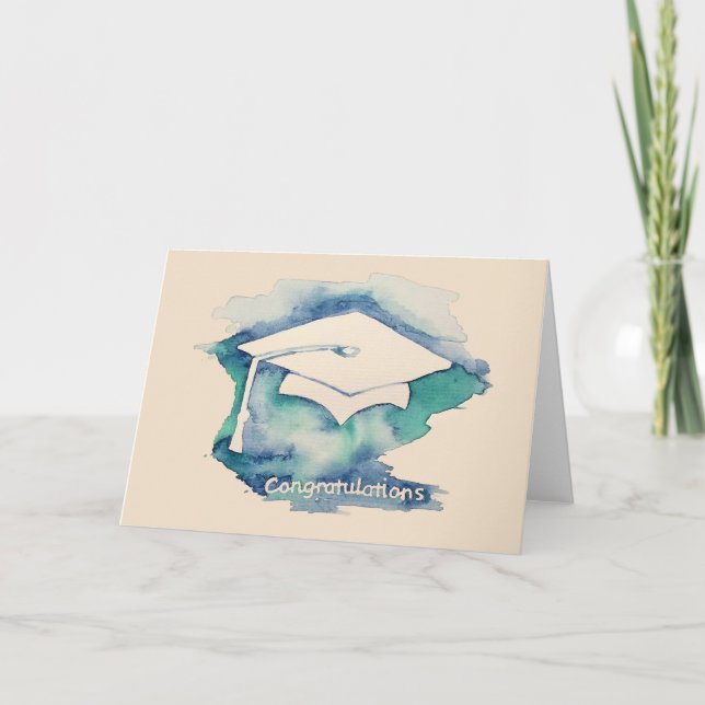 Watercolor graduation cap congratulations design card (Front)