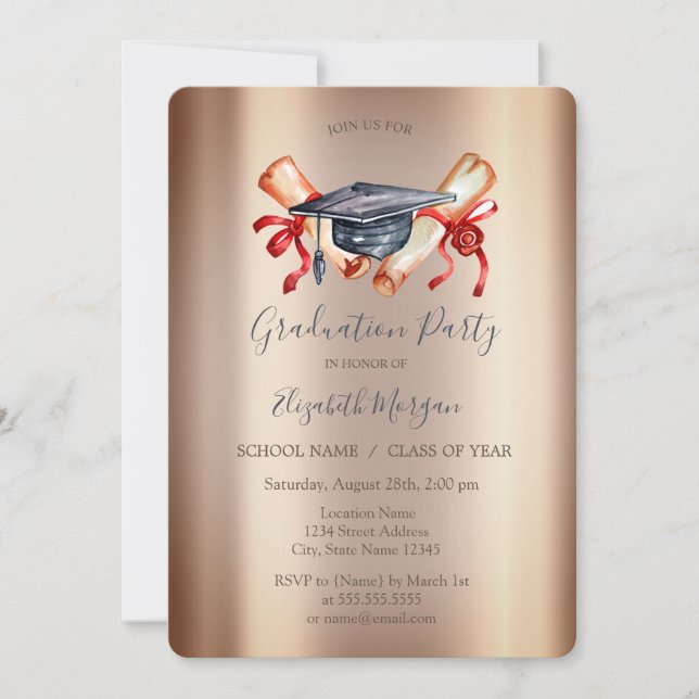 Watercolor Graduation Cap Diploma, Graduation Invitation (Front)