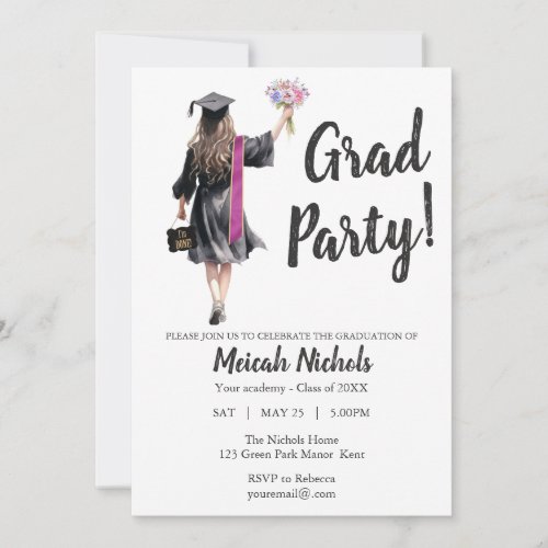 Watercolor Graduation Modern Trendy Girl Invite