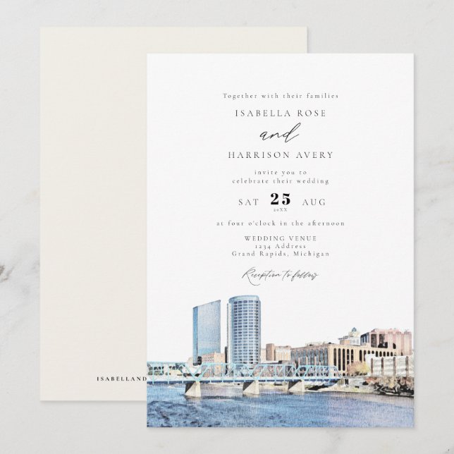 Watercolor Grand Rapids Michigan Skyline Wedding Invitation (Front/Back)
