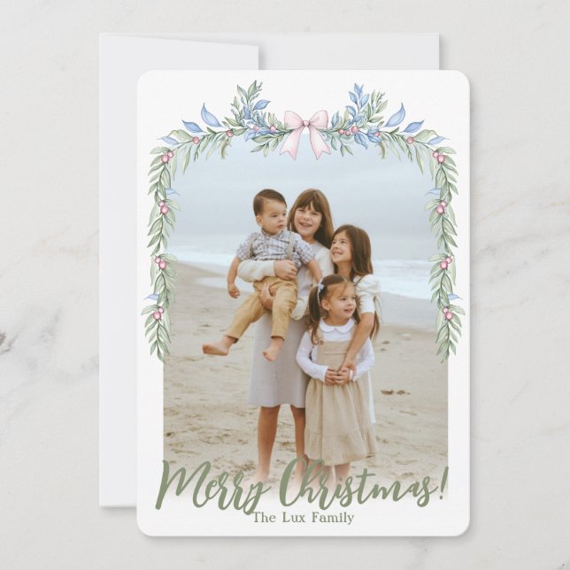 Watercolor Grandmillenial Pastel Floral Garland  Holiday Card (Front)