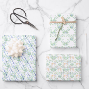 Watercolor Grandmillennial Reindeer and Greenery Wrapping Paper Sheets
