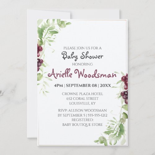 Watercolor Grape Baby Shower Painting Minimalist  Invitation