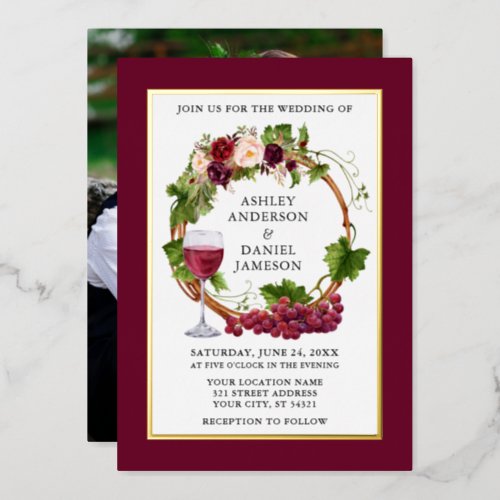 Watercolor Grape Vine Floral Wreath Photo Gold Foil Invitation