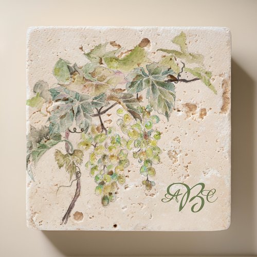 Watercolor Grape Vine Monogram Stone Coaster