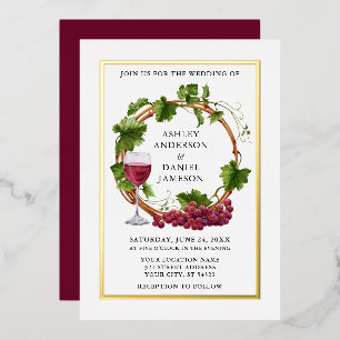 Watercolor Grape Vine Wreath Wedding Gold Foil Invitation