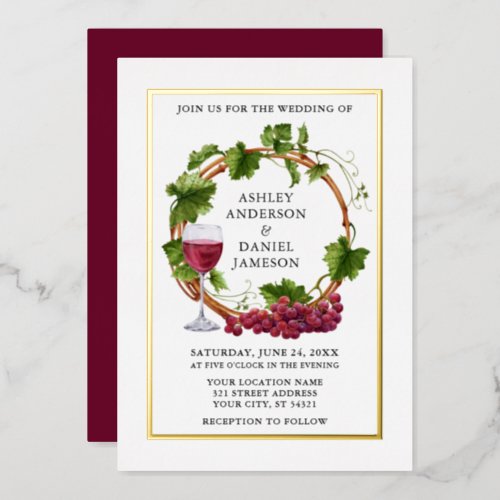 Watercolor Grape Vine Wreath Wedding Gold Foil Invitation