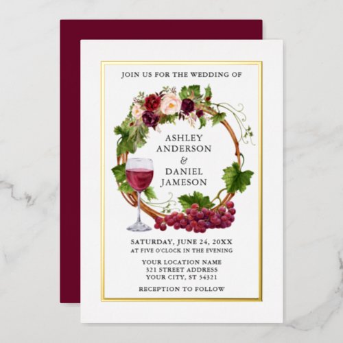 Watercolor Grape Vines Burgundy Floral Wreath Gold Foil Invitation