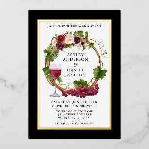 Watercolor Grape Vines Floral Wreath Black Gold Foil Invitation
