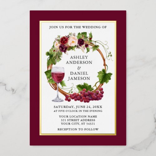 Watercolor Grape Vines Floral Wreath Burgundy Gold Foil Invitation