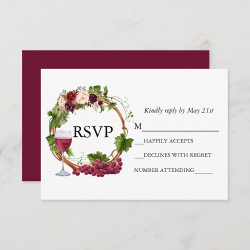 Watercolor Grape Vines Floral Wreath Burgundy RSVP Card
