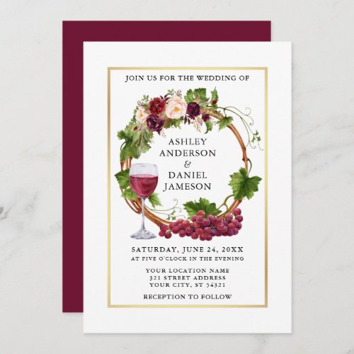 Watercolor Grape Vines Floral Wreath Gold Wedding Invitation