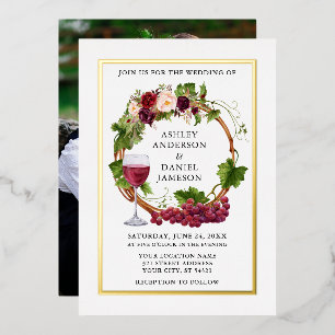 Watercolor Grape Vines Floral Wreath Photo Gold Foil Invitation