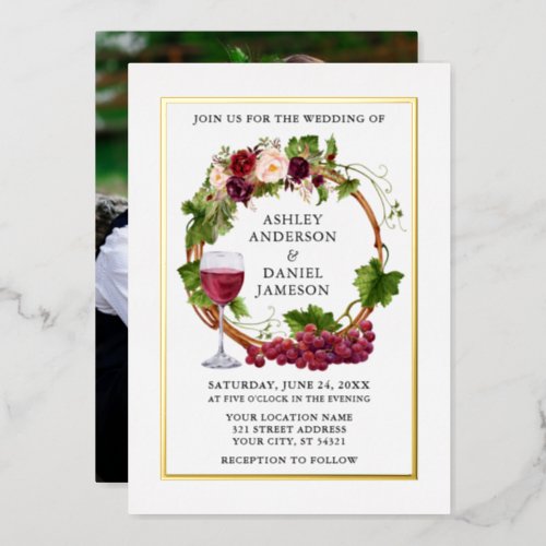 Watercolor Grape Vines Floral Wreath Photo Gold Foil Invitation