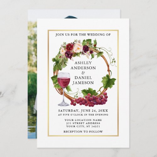 Watercolor Grape Vines Floral Wreath Photo Wedding Invitation