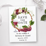 Watercolor Grape Vines Floral Wreath Save the Date Postcard<br><div class="desc">Modern Elegant Watercolor Grapes and Vines Wood Wreath Save The Date Wedding Announcement Postcard includes burgundy roses,  pink roses,  red roses and botanical greenery.</div>