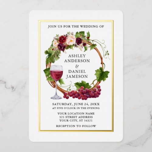 Watercolor Grape Vines Floral Wreath Wedding Gold Foil Invitation