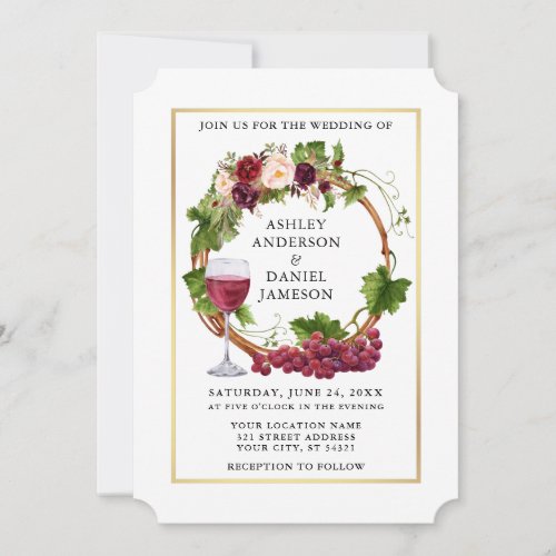 Watercolor Grape Vines Floral Wreath Wedding Gold Invitation