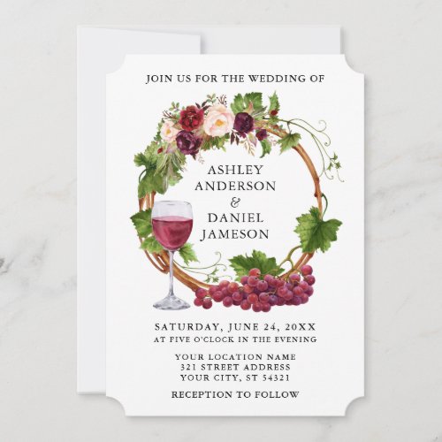 Watercolor Grape Vines Floral Wreath Wedding Invitation