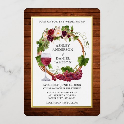 Watercolor Grape Vines Floral Wreath Wood Gold Foil Invitation