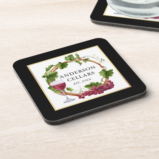 Watercolor Grape Vines Wine Cellar Gold Black Beverage Coaster (Left Side)