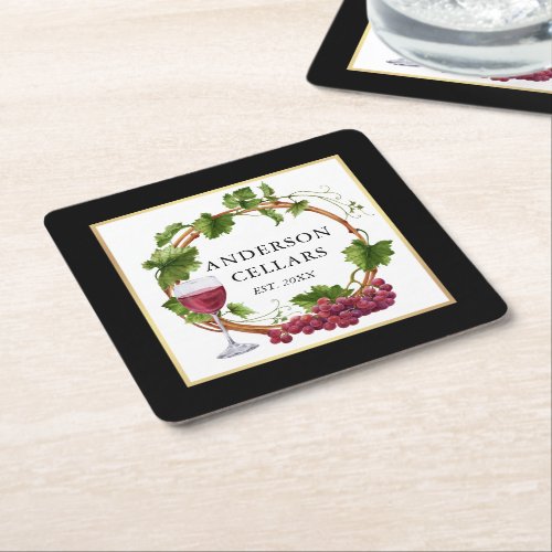 Watercolor Grape Vines Wine Cellar Gold Black Square Paper Coaster
