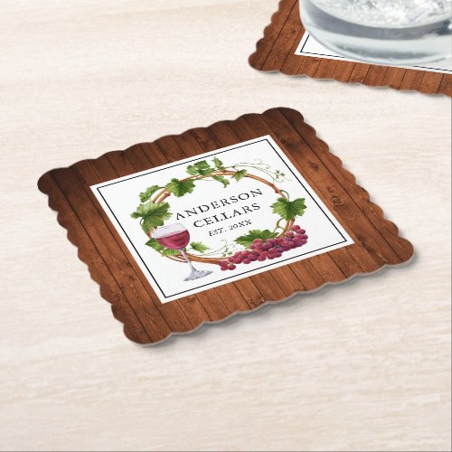 Watercolor Grape Vines Wine Cellar Name Paper Coaster
