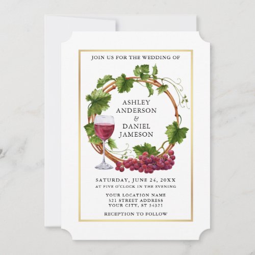 Watercolor Grape Vines Wood Wreath Gold Wedding Invitation