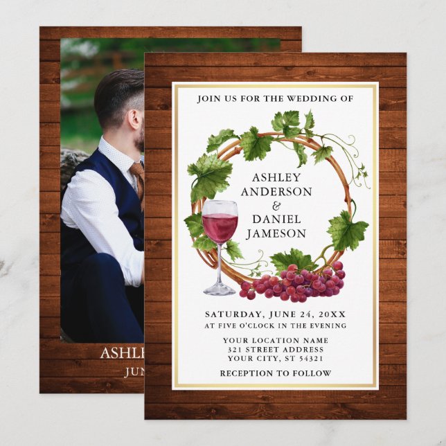 Watercolor Grape Vines Wood Wreath Photo Wedding Invitation (Front/Back)