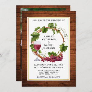 Watercolor Grape Vines Wood Wreath Photo Wedding Invitation