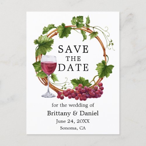 Watercolor Grape Vines Wood Wreath Save The Date Postcard
