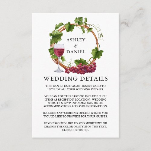 Watercolor Grape Vines Wood Wreath Wedding Details Enclosure Card