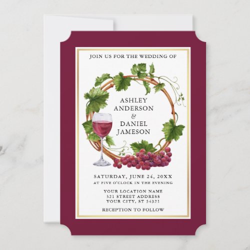 Watercolor Grape Vines Wreath Burgundy Wedding Invitation
