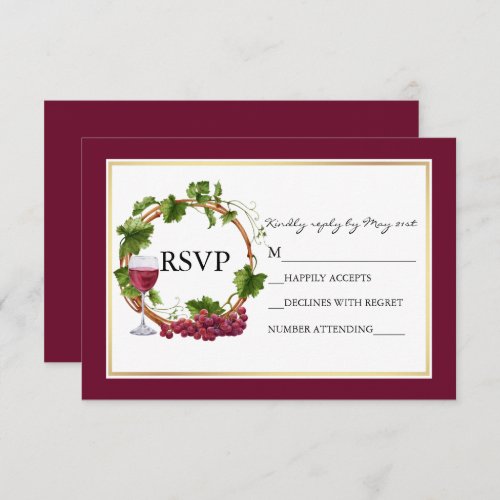 Watercolor Grape Vines Wreath Burgundy Wedding RSVP Card