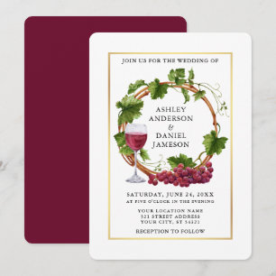 Watercolor Grape Vines Wreath Gold Frame Wedding Invitation