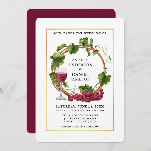 Watercolor Grape Vines Wreath Gold Frame Wedding Invitation