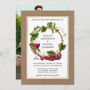 Watercolor Grape Vines Wreath Kraft Photo Wedding Invitation