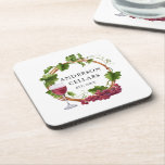 Watercolor Grape Vines Wreath Name Wine Cellar Beverage Coaster<br><div class="desc">Modern Elegant Watercolor Grapes and Vines Wood Wreath Family Name Wine Cellar Coaster</div>
