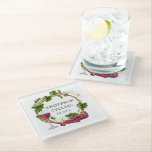 Watercolor Grape Vines Wreath Name Wine Cellar Glass Coaster<br><div class="desc">Modern Elegant Watercolor Grapes and Vines Wood Wreath Family Name Wine Cellar Glass Coaster</div>