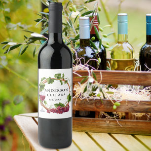 Watercolor Grape Vines Wreath Name Wine Cellar Label