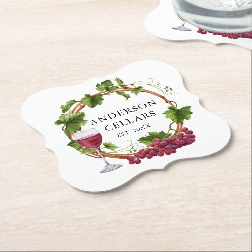 Watercolor Grape Vines Wreath Name Wine Cellar Paper Coaster