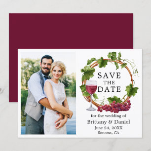 Watercolor Grape Vines Wreath Photo Burgundy Save The Date