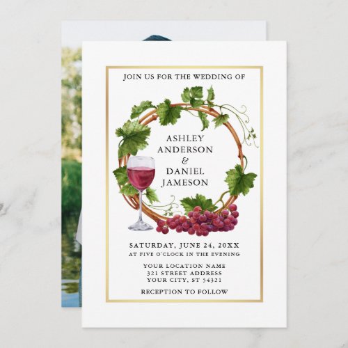 Watercolor Grape Vines Wreath Photo Gold Wedding Invitation
